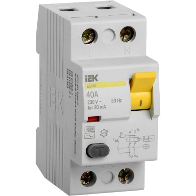Выключатель дифференциального тока IEK 2п 40A 30mA тип AC ВД1-63 ИЭК MDV10-2-040-030