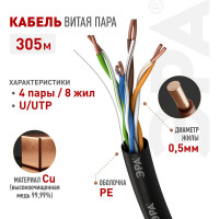 Кабель ЭРА витая пара U/UTP 4x2x24AWG Cat 5e CU PE OUTDOOR 305м Б0044431