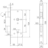 Корпус замка DOORLOCK DL403/55 WC78 MCR матовый хром, реверсивный 75312