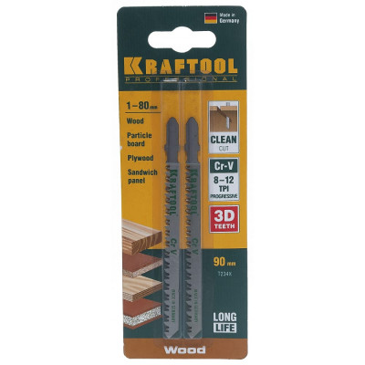 Полотно KRAFTOOL по дереву, фанере, ДВП, для эл/лобз, T234X, EU, шлиф, 3-D. заточ, Cr-V, чист. рез, шаг 2-3мм, 90мм, 2шт 159506-U