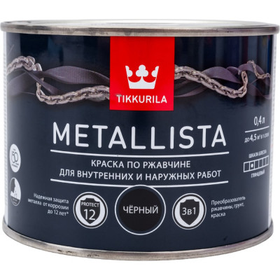 Tikkurila METALLISTA краска по ржавчине 3 в 1, глянцевая, черный 0,4л 203645 700011741