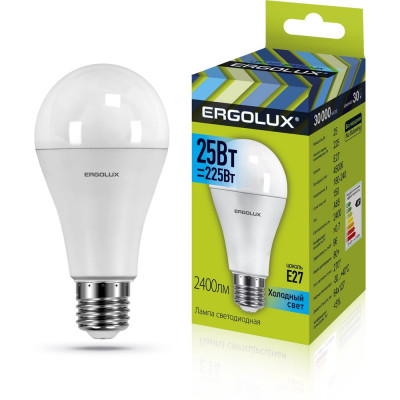 Светодиодная лампа Ergolux LED-A65-25W-E27-4K ЛОН, 25Вт, E27, 4500K, 180-240В 14236