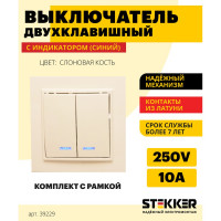 Выключатель STEKKER 2-клавишный с индикатором 220V 10А серия Эрна слоновая кость PSW10-9002-02 39229