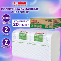 Бумажные полотенца ЛАЙМА H2 ADVANCED WHITE 200 шт, 2 слоя, белые, 240х215 мм, 20 пачек, Z-сложение 111338