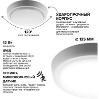 Светодиодный светильник Wolta с микроволновым датчиком 12Вт круг 6500K холодный свет IP65 960лм LCL04-12W-R21-6K-SM