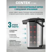 Термопот Centek 5.0л 800Вт, 3 способа подачи, повторное кипячение, двойная защита CT-1083