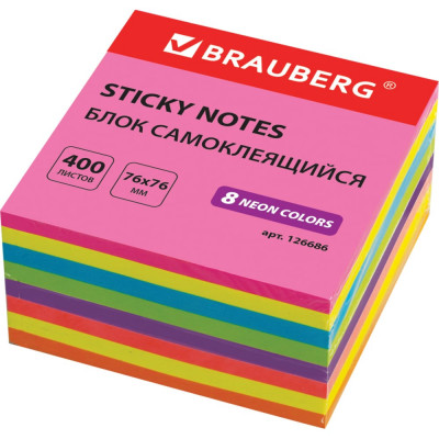 BRAUBERG Блок самоклеящийся стикер, НЕОН, 76х76 мм, 400л, 8 цв., 126686