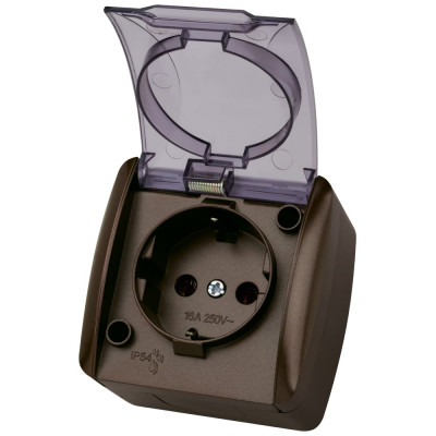 Розетка TDM ELECTRIC 2П+3 открытой установки IP54 16А с прозрачной крышкой шоколад "Селигер" SQ1818-0207