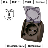 Розетка TDM ELECTRIC 2П+3 открытой установки IP54 16А с прозрачной крышкой шоколад "Селигер" SQ1818-0207