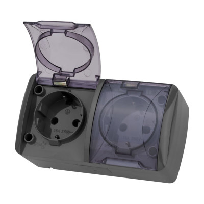 Двойная розетка TDM ELECTRIC 2П+3 открытой установки IP54 16А с прозрачной крышкой серая "Селигер" SQ1818-0109