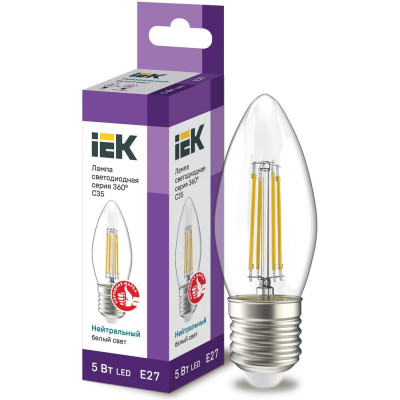 Лампа IEK серия 360, LED, C35, свеча, прозрачная, 5вт, 230В, 4000К, E27 LLF-C35-5-230-40-E27-CL