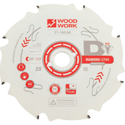 Диск пильный с PCD зубьями (160x2.4-1.6x20 мм; Z=8) WOODWORK 21.160.08