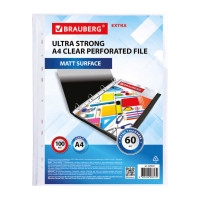 Плотные перфорированные матовые папки-файлы BRAUBERG EXTRA 600 А4, комплект 100 шт, 60 мкм 229664