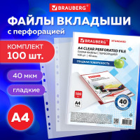 Перфорированные гладкие папки-файлы BRAUBERG STANDARD А4 комплект 100 шт, 40 мкм 229661