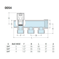 Распределительный коллектор со встроенными клапанами SR Rubinetterie 3/4"х1/2", на 3 выхода 0054-2000N300