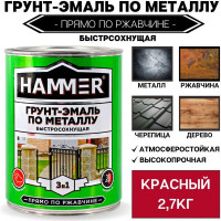 Грунт-эмаль по металлу HAMMER 3в1 б/с красная 2,7 кг ЭК000125865