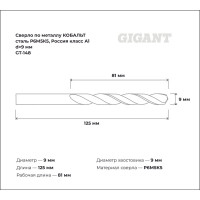 Сверло по металлу КОБАЛЬТ (9х81х125 мм; Р6М5К5; класс А1) Gigant GT-148