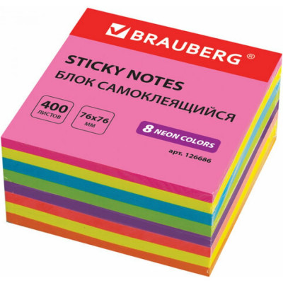 BRAUBERG Блок самоклеящийся стикер, НЕОН, 76х76 мм, 400л, 8 цв., 126686