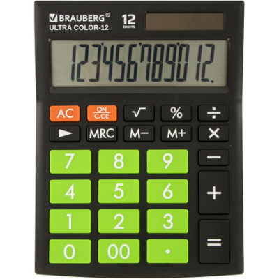 BRAUBERG Калькулятор настольный ULTRA COLOR-12-BKLG 192x143мм, 12 разрядов,ЧЕРНО-САЛАТОВЫЙ, 250498