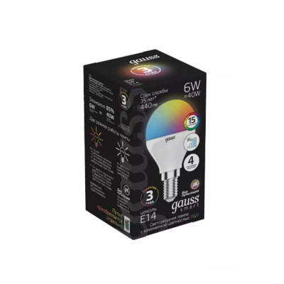 Gauss Лампа Smart LED Шар G45 6W E14 RGBW+dim 1/10/100 105101406
