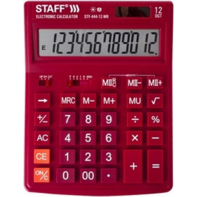 STAFF Калькулятор настольный STF-444-12-WR 199x153мм, 12 разрядов, двойн.питание, БОРДОВЫЙ, 250465