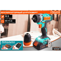 Аккумуляторная дрель Sturm 18 В, 1BatterySystem, 2 акк. 2,0Ач,съемный патрон, кейс CD3618T