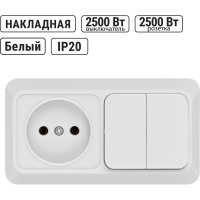 Комбинированный блок TDM ELECTRIC выключатель 2-клавишный 10А + розетка 2П 10А 250В БКВР IP20 белый "Ладога" SQ1801-0106