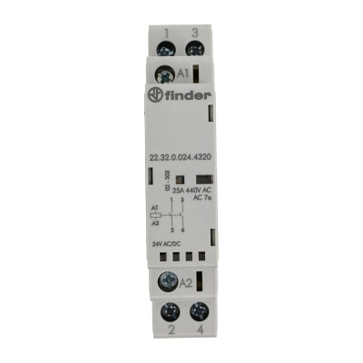 Модульный контактор Finder 2 NO, Механический индикатор + Светодиод Контакты AgSnO2, 223200244320