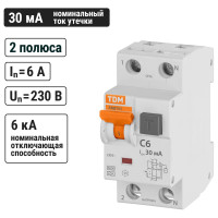 Автоматический выключатель дифференциального тока TDM ELECTRIC АВДТ 63 2Р(1Р+N) C6 30мА 6кА тип А SQ0202-0100