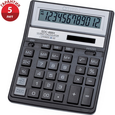 Citizen Калькулятор настольный SDC-888XBK,12 разрядов,двойное питание,158х203х31мм,черный SDC-888XBK