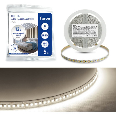 FERON Лента светодиодная LS616 180SMD 2835 /м 17Вт/м 12V 5000х10х1.22мм 4000К,IP20 41530