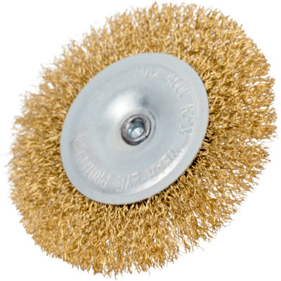 Щетка-крацовка дисковая на шпильке (100 мм; латунированная проволока) для дрели Orientcraft CIRS10040023