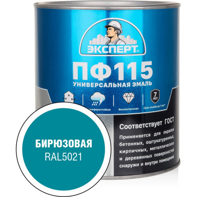 Эмаль ЭКСПЕРТ ПФ-115 глянцевая, бирюзовая, RAL 5021 2.7 кг 34062