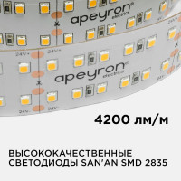 Светодиодная лента Apeyron 24В, 42Вт/м, smd2835, 240д/м, IP20, 4200Лм/м, подложка 30мм, 5м, 4000К 00-316