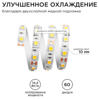 Светодиодная лента Apeyron 12В, 14,4Вт/м, smd5050, 60д/м, IP20, 700Лм/м, ширина подложки 10мм/129
