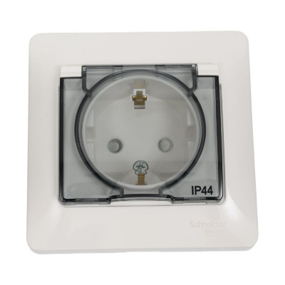 Розетка Systeme Electric Glossa Молочная с/з со шторками с крышкой IP44 в сборе GSL000948