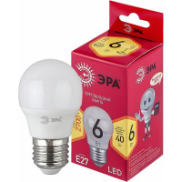 Светодиодная лампа ЭРА LED P45-6W-827-E27 R диод, шар, 6Вт, теплый свет, E27 Б0049643