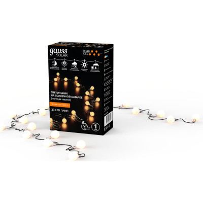 Gauss Гирлянда садовая на солнечной батарее 30 LED ламп Шары Белый свет Solar, 1/24 GS032