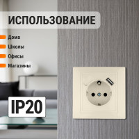 Розетка TDM ELECTRIC 2П+З с защитными шторками, 16А 250В + USB порт 2,1А 5В слоновая кость Таймыр SQ1814-0140