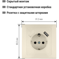 Розетка TDM ELECTRIC 2П+З с защитными шторками, 16А 250В + USB порт 2,1А 5В слоновая кость Таймыр SQ1814-0140