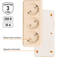 Горизонтальная 3-х местная розетка TDM ELECTRIC 2П открытой установки IP20 10A с з/ш слоновая кость Ладога SQ1801-0225