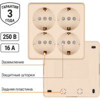 Четырехместная розетка TDM ELECTRIC 2П+3 открытой установки IP20 16A с защитными шторками слоновая кость Ладога SQ1801-0223