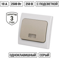 Выключатель одноклавшиный с подсветкой скрытой установки, серый TDM ELECTRIC IP54 10А серия "Вуокса" SQ1803-0105