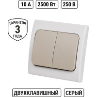 Выключатель двухклавишный скрытой установки, серый TDM ELECTRIC IP54 10А серия "Вуокса" SQ1803-0102