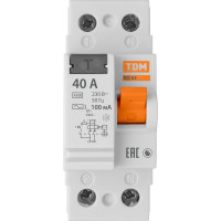 Устройство защитного отключения TDM ELECTRIC УЗО ВД63 2Р, 40А, 100мА, электронное SQ0220-0019