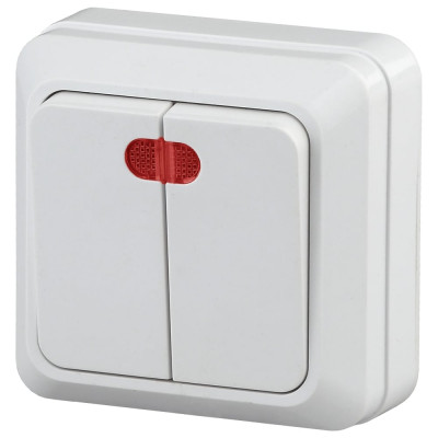 Двухклавишный выключатель Intro Quadro 2-105-01 с подсветкой, 10А-250В, IP20, открытая установка, белый, Б0053766