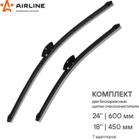 Щетки стеклоочистителя бескаркасные 2 шт, 600/450 мм, 24"/18" Emgrand 10-, Rio 17-, Sportage AIRLINE AWB-BK-600-450K