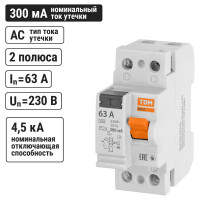 Устройство защитного отключения TDM ELECTRIC УЗО ВД63 2Р, 63А, 300мА, электронное SQ0220-0024