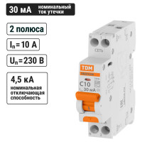 Автоматический выключатель дифференциального тока TDM ELECTRIC АВДТ 63М, 2P 1P+N, C10, 30мА, 4,5кА, тип АС SQ0202-0059