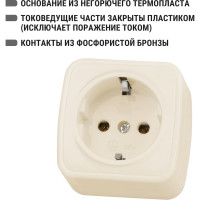 Розетка TDM ELECTRIC слоновая кость 2П+З открытой установки IP20 16А, серия "Дача" Народная SQ1824-0021